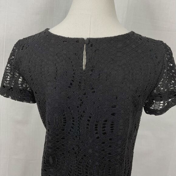 J Crew Black Lace Shirt Lined Keyhole button back S/Sleeve Top Blouse Sz O New - Picture 3 of 5